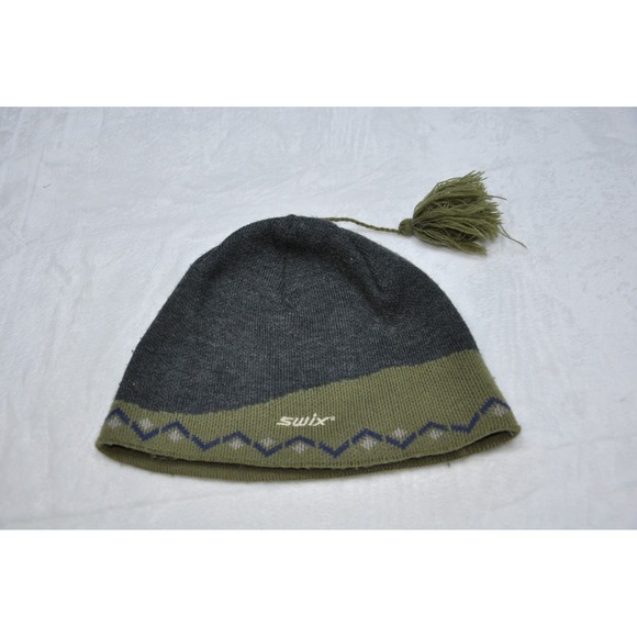 Swix Hat Beanie Tassel Wool Blend Gray Olive Nordic Ski Snow Winter Mens Medium - Picture 1 of 5